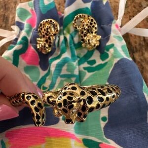 Lilly Pulitzer Gold and Black Leopard Earrings and Cuff Bracelet Set